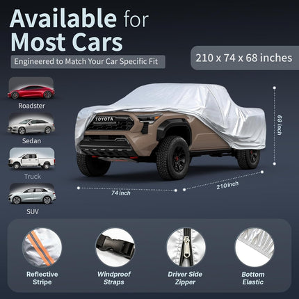 Car Cover Waterproof All-Weather,Heavy-Duty Outdoor Full Exterior Automobiles Snow Cover for Truck 211-220 inch,with Sun Visor,Anti-Scratch Cotton Lining & Zippered,Towel&Storage Bag
