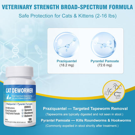 Broad Spectrum Dewormer for Cats & Kittens, Praziquantel & Pyrantel Pamoate Formula for Cats 6+ Weeks, Fast-Acting Treatment for Tapeworms, Roundworms & Hookworms, 100 Tablets