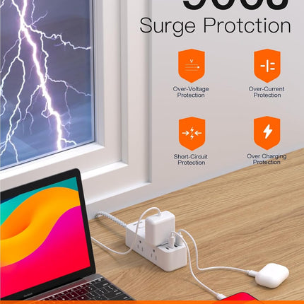 Power Strip Surge Protector, BESHON 5Ft Extension Cord, 6 Outlets with 4 USB Ports (2 USB C Outlet), 3-Side Outlet Extender, Wall Mount, Compact for Travel, Home, College Dorm Room and Office