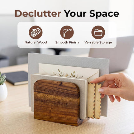 Acacia Wood Mail Organizer Countertop -Small Letter Holder for Desk, Rustic Farmhouse Decor, Upright Bill postcards, and notepads Stand for Entryway & Office