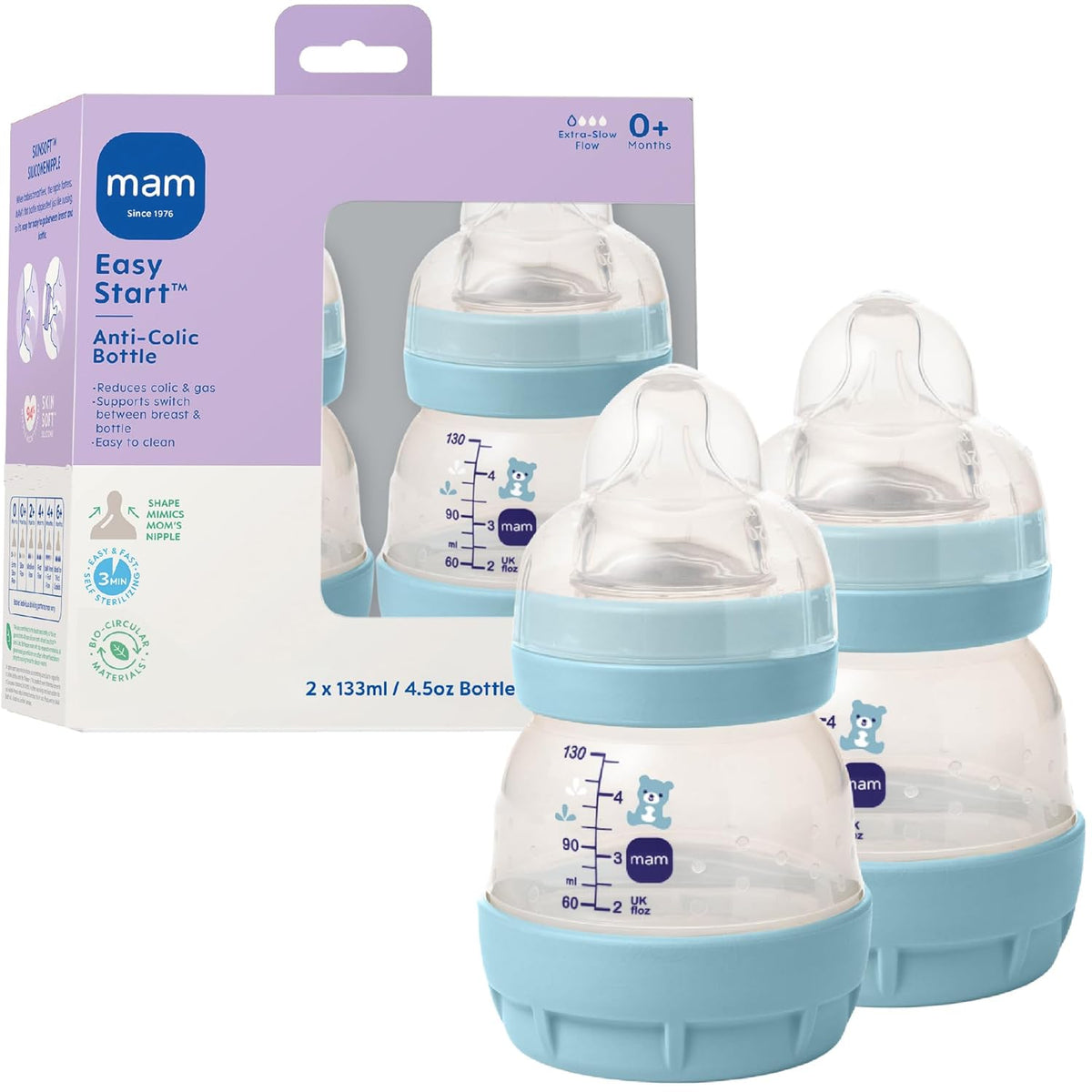 4.5oz Anti-Colic Wide Neck Vented Baby Bottle, Extra Slow Flow Breastfeeding-Like Silicone Nipple, Reduces Colic, Gas &