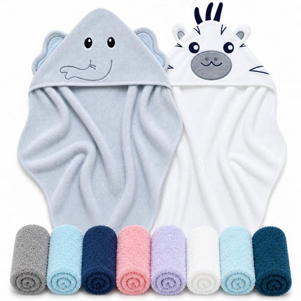 2 Pack Hooded Baby Towel Rayon Made from Bamboo and 8 Washcloths - Lovely Elephant, Happy Bird