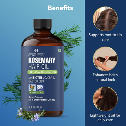 Botanic Hearth 100% Pure Rosemary Oil For Hair Growth Infused With Biotin | Hair Strenghtening Treatment | Nourishing & Volumizing | With Jojoba Oil & Castor Oil | Non GMO Verified | 2 fl oz, Blue
