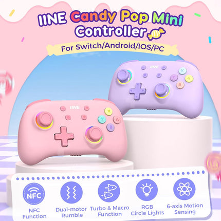 IINE Wireless Controller for Switch/PC/Android/IOS, Cute Gamepad with RGB Lights, Mini Pro Controller with Turbo/Macro/NFC Amiibo/Motion Sensor/Wake-Up/Rumble (Purple)