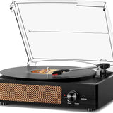 Record Player for Vinyl with 2 Build-in Speakers LP Vinyl Players Belt-Driven Vintage Turntables 3 Speed 3 Size, Wireless Bluetooth Playback, AUX-in, RCA Out, Headphone, Auto Stop Black Wood