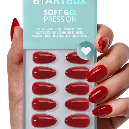 Press On Nails, uñas postizas ovaladas cortas rojo oscuro, 32Pcs kit completo