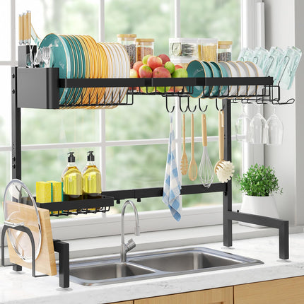 Over The Sink Dish Drying Rack - Adjustable 2 Tier Large Capacity Stainless Steel Drainer with Cutlery & Utensil Holders, Kitchen Storage & Organization, 30"-33.9" L x 11" W x 21.5" H, Black
