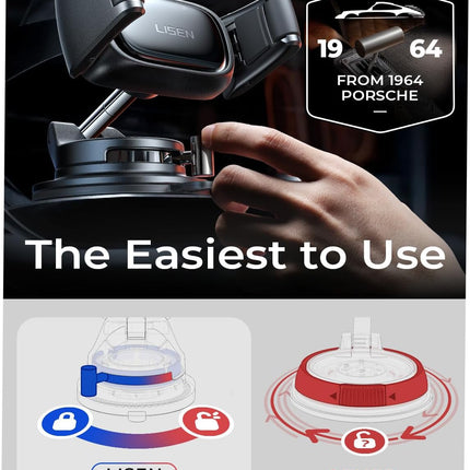 LISEN Suction Phone Mount, [Industry First] Auto-Adjusting Phone Holder Suction, Easy One Touch Suction Cup Phone Mount Cell Phone Mount Car Dash for iPhone 17 Pro Max 16 15 14 Galaxy S26 25 All Cases