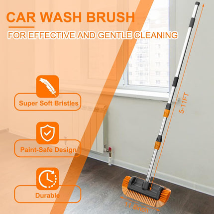 SISUPASSIE Car Wash Brush, 12FT Telescopic Car Wash Brush with Long Handle, 12-Inch Soft Bristle Car Cleaning Brush for Cleaning Car, RV, Truck, Boat, Solar Panels, Orange