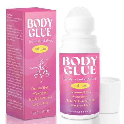 Strong Hold Body Glue for Skin and Fabric, Roll On Clothing Adhesive for Dresses and Dance Costumes, Sweat Resistant Fashion Glue for Socks, Strapless Tops, Performance Wear, 75ml