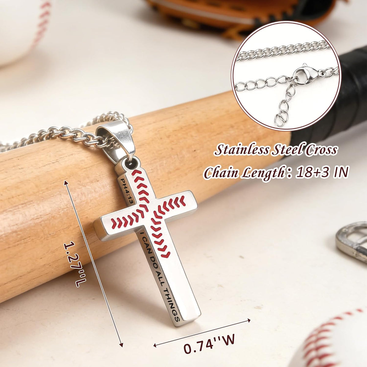 Baseball Necklaces for Boys as Baseball Cross Necklace,Stainless Steel Christian Philippians 413 - photo 3