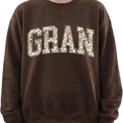 Daytee Women's Mama Grandma Auntie Sweatshirt - Botanical Floral Varsity Letter Crewneck - Dark Chocolate Brown Pullover