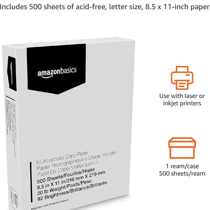 Amazon Basics Multipurpose Copy Printer Paper, 8.5 x 11 Inches, 20 lb, 92 Bright, White, 1 Ream (500 Sheets), Jam-Free