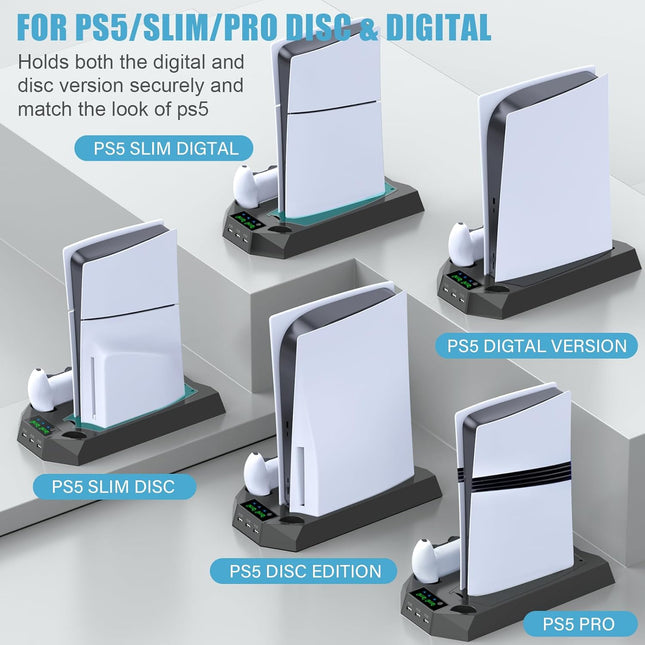 PS5/PS5 Slim/PS5 Pro Stand and Cooling Station with Dual Controller Charging Station for PlayStation 5 - photo 2