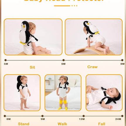 JunNeng Baby Head Protector Backpack, Toddler Walking Fall Head Protection, White Black Penguin
