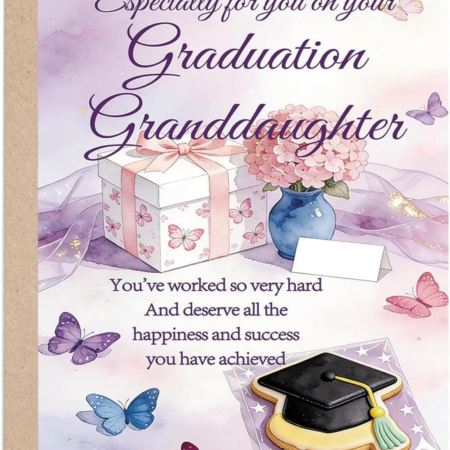 Granddaughter Graduation Card, Pastel Floral and Butterflies, 8 x 5.3 Inches