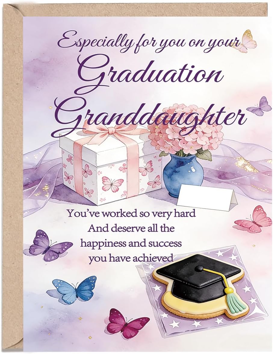 Granddaughter Graduation Card, Pastel Floral and Butterflies, 8 x 5.3 Inches