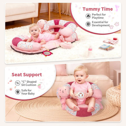 2-in-1 Tummy Time Mat & Seated Support Pillow with 5 Toys, Baby Floor Seat for Tummy Time & Early Sitting Support, Musical Stuffed Toys, Sensory Development Gifts for Newborn Babies