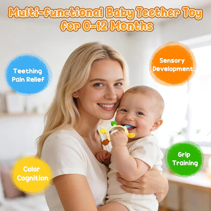 Baby Teething Toys for 3-6 6-12 Months, Silicone Baby Teether & Rattle, Chew Sensory Toys for Teething Relief, Baby Gift for Newborn Boys Girls