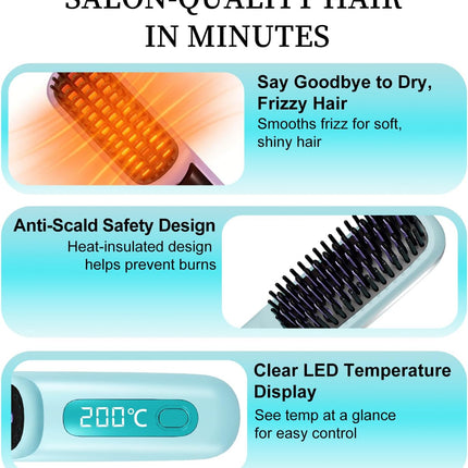 Go Brush Pro 2026, Portable Straightener Brushs for Travel, with LCD Temperature Display, Fast Heating Cordless Mini Hair Brushs (Blue)