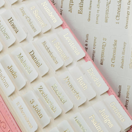 UPAFEXXI-Leather Bible Tabs with Book Summaries, Bible Tabs for Women and Men(Gold Foil Lettering) Large Print Stickers, Easy to Read and Apply, 80 Chapters Labels for Easy Navigation(White)