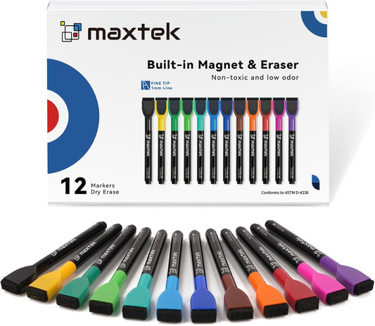 Magnetic Whiteboard Markers - 12 Count Colorful Fine Tip Dry Erase Markers with Eraser