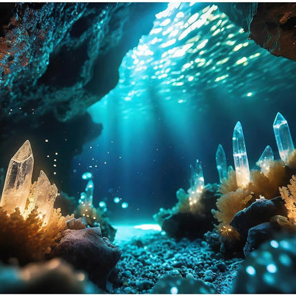 Aquarium Background Under Water Cave with Crystal Terrarium Backdrop Cave Style Rock Sunlight Rays Fish Tank Background Reptile Habitat Backdrop Wallpaper Poster Decor Vinyl 24x12in