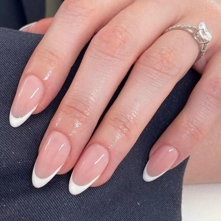 French Tip Press On Nails Short Almond 32Pcs 16 Sizes Reusable