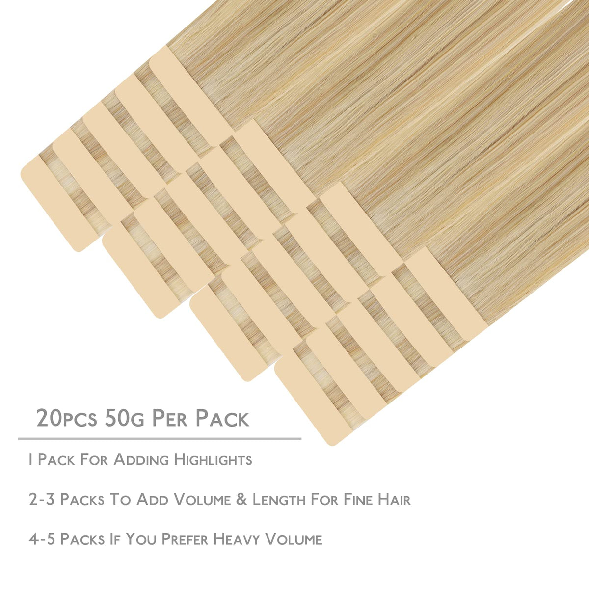 Tape in Hair Extensions Human Hair, 20pcs 50g 18 inch Light Blonde Highlighted Golden Blonde Remy Hair - photo 2