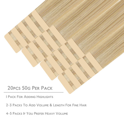 Tape in Hair Extensions Human Hair, 20pcs 50g 18 inch Light Blonde Highlighted Golden Blonde Remy Hair - photo 2