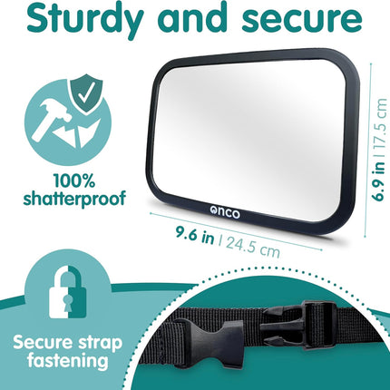 Onco Baby Car Mirror Rear Facing - Double Award-Winning Convex Car Mirror for Baby, 100% Shatterproof & Shakeproof with 360° Rotation, Newborn Essentials (9.6 x 6.9 in)