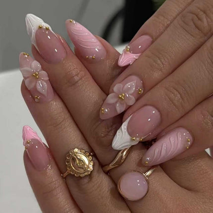 French Tips Press on Nails Medium Almond Nails Press on with 5D Flower Charm Design Glossy Brown Glue on Nails Water Ripple Rhinestones Fake Nail Reusable Fall Winter Nail for Women Manicure 24Pcs