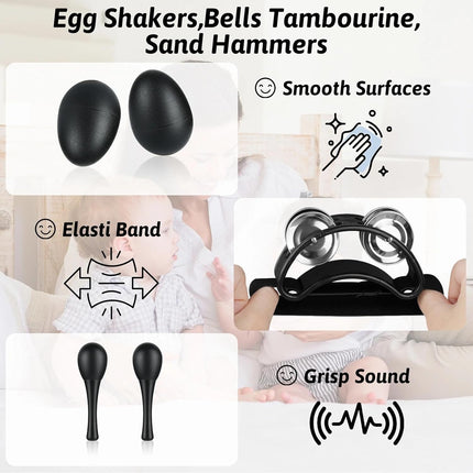 13 Pcs Black Tambourine Set,Double Row Metal Jingles,Foot Tambourine,Egg Shakers,Wrist Bells,Maracas,Rhythm Sticks,Musical Percussion Instrument Set for Church,KTV and Parties