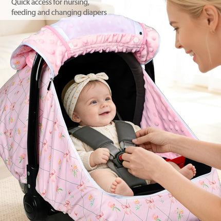 Car Seat Cover Baby Girls, Infant Carseat Covers with Mesh, Dual-Layer Protection for Summer Winter, Easy Access Newborn Canopy Breathable, Windproof & Fit Baby Stroller, Flower Bow