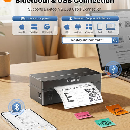 Rongta Bluetooth Thermal Shipping Label Printer, Wireless 4x6 Label Printer for Shipping Packages&Small Business, Compatible Windows/Mac/Android/iOS, Support USPS, UPS, Etsy, Shopify, RP425
