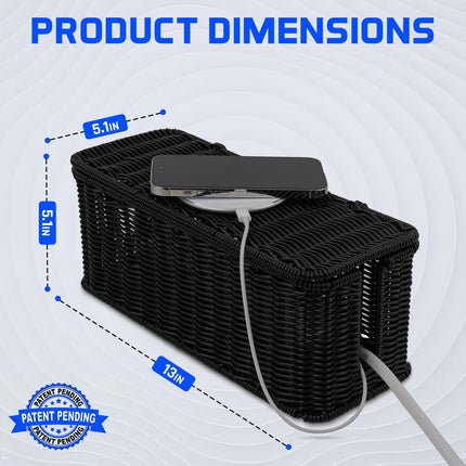 Cable Management Box, Handmade Rattan Cable Organizer with 2 Open Slots, Cord Hider for Power Strip, Router & USB Hub, Registered U.S. Design Patent (D1,112,102), 13" x 5.1" x 5.1", Black