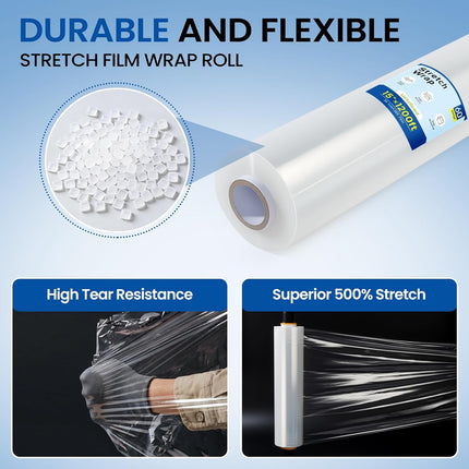 Stretch Film Wrap 15 Inch x 1200 Feet Self-Adhering Shrink Wrap Roll with Plastic Handles Industrial Strength up to 500% Stretch Wrap for Moving, Packing, Pallet Wrapping (2 Rolls, 60 Gauge)