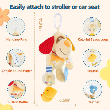Baby Car Seat Toys for Roadtrip, Hanging Sensory Toys 0 6 12 Months with Teether, Crinkle Paper, Rattles & Squeaker, Montessori Travel Plush Toy for Newborn Infant Boys Girls Gift