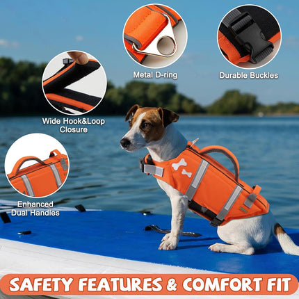 EMUST Dog Life Jacket, XL, NewOrange, Waterproof, Breathable, Adjustable with Rescue Handle, for Swimming Pool Beach Boating