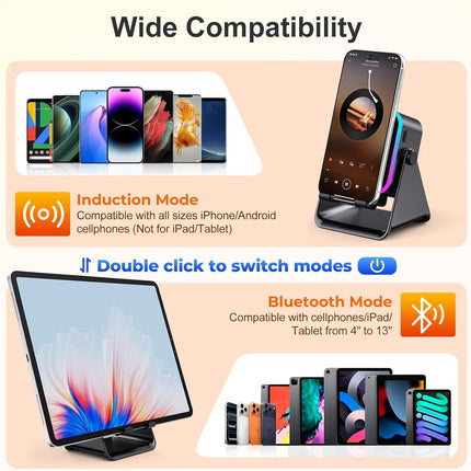 Wireless Bluetooth Induction Speaker, Phone Speaker Amplifier with Colorful Lights & 3500mAh Battery, Portable Phone Stand Compatible with iPhone/iPad/Android/Samsung - Black