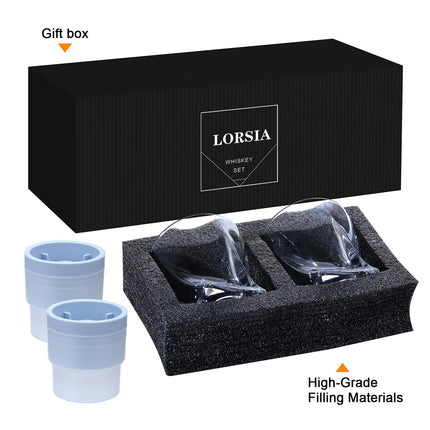 Whiskey Rocks Glass, Set of 4 (2 Crystal Bourbon Glasses, 2 Round Big Ice Ball Molds) In Gift Box - 11 Oz Old Fashioned Glasses for Scotch Cocktail Rum Cognac Vodka Liquor, Unique Gifts for Men