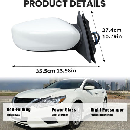 Right Passenger White Side Mirror Compatible with Nissan Altima 2013-2018 Sedan Power Glass/Non-Folding/Non-Heated Door Mirrors Outside Rear View Mirror Replace# 963013TH0A
