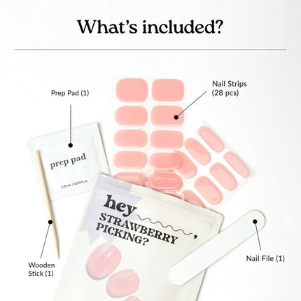 Heyhae Semi Cured Gel Nail Strips | No LED Lamp Needed | Solid, Pink, Spring | Easy Apply & Remove, Salon Quality | Includes 28 Strips, 1 Prep Pads, Nail File & Wooden stick - Hey, Strawberry Picking?