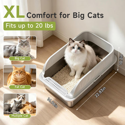Arenero para gatos de acero inoxidable con tapa, arenero metálico XL de lados altos