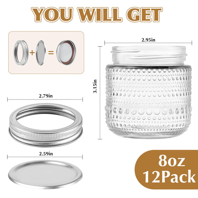Mason Jars 8 Oz with Lids 12 Packs, Vintage Half Pint Small Glass Canning Jars with Silver Metal Lids for Storing, Pickling, Honey, Jam