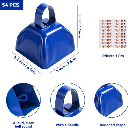 54 Pack Small Cow Bells for Sporting Events, Metal Cow Bells Bulk with Handle, 3 Inch Compact Noise Makers for Football Games, School Pep Rallies, Weddings and Parties, Blue