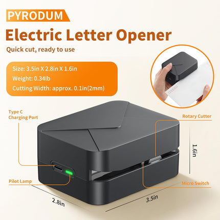 Black Rechargeable Electric Letter Opener – Automatic Envelope Slitter with Safe Hidden Blade, 1500 Cuts/Charge, Portable for Office & Home, Elderly Friendly, No Battery Needed