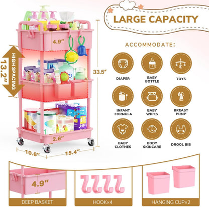 3-Tier Pink Rolling Diaper Cart with Lockable Wheels - photo 4