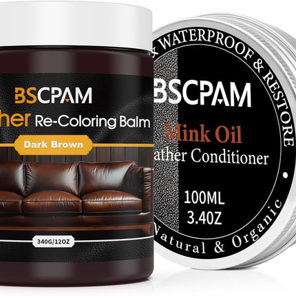 12oz Leather Recoloring Balm & 3.4oz Mink Oil Leather Conditioner kit,Dark Brown Leather Color Repair Kits for Couches, Leather Couch Paint Scratch Repair for Furniture Car Sofa Shoes Leather Dye