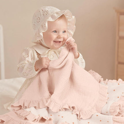 lulumoon Muslin Ruffle Baby Blanket - Soft Breathable 100% Cotton Newborn Wrap for Stroller Travel & Car Seat - Ideal for Photography & Nursery Decoration 40"x36"(Pink Heart)